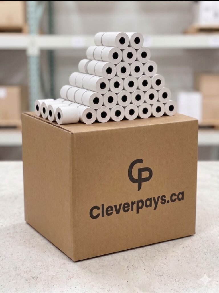 Stack of white receipt rolls arranged in a pyramid on a cardboard shipping box in a warehouse setting