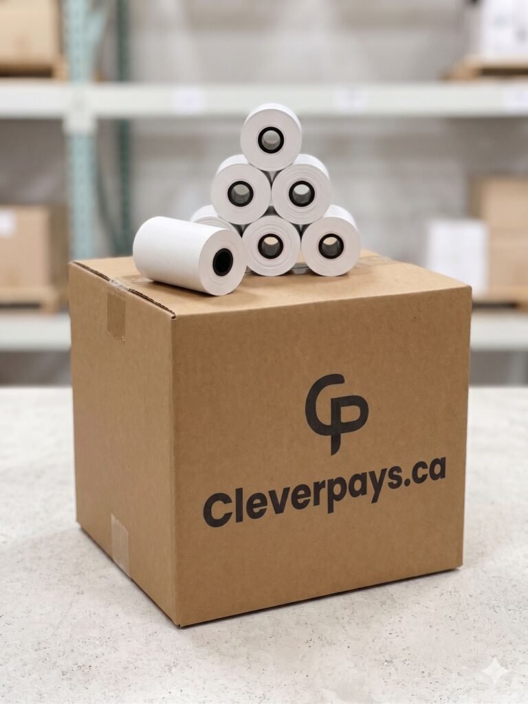 Pyramid of white toilet paper rolls on a cardboard box in a warehouse setting.